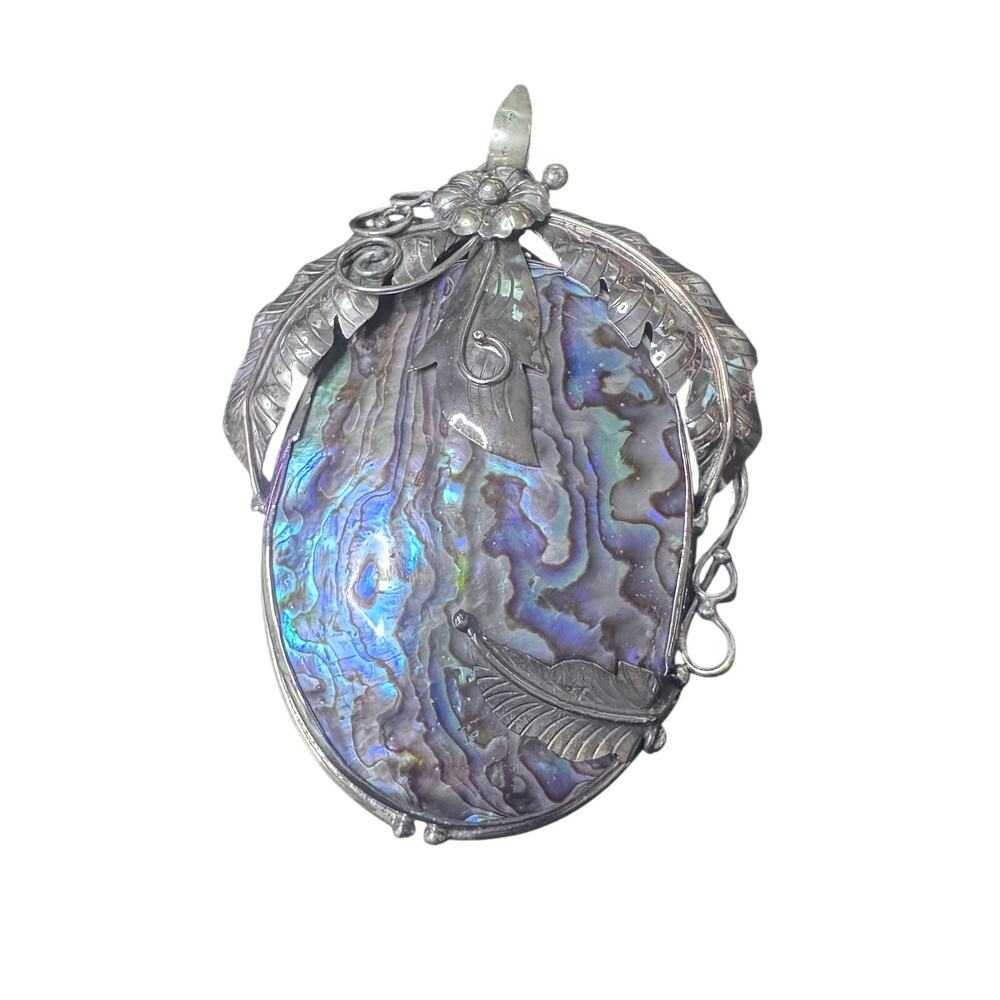 Vintage 925 Sterling Silver Abalone Shell Pendant Brooch Art Nouveau Large